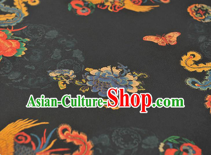 Chinese Cheongsam Silk Cloth Black Gambiered Guangdong Gauze Traditional Phoenix Pattern Dress Fabric
