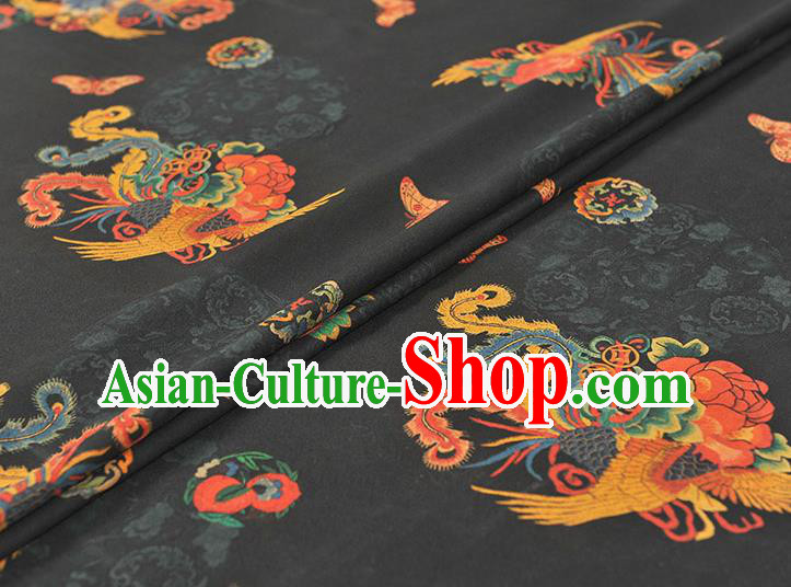 Chinese Cheongsam Silk Cloth Black Gambiered Guangdong Gauze Traditional Phoenix Pattern Dress Fabric