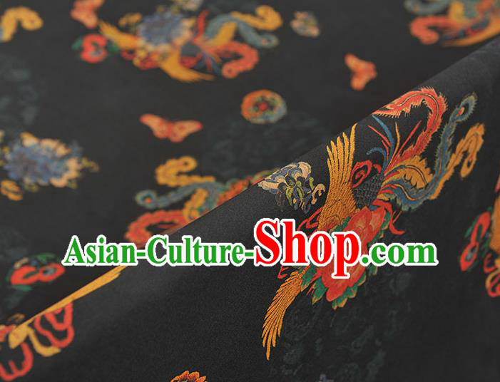 Chinese Cheongsam Silk Cloth Black Gambiered Guangdong Gauze Traditional Phoenix Pattern Dress Fabric