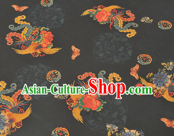 Chinese Cheongsam Silk Cloth Black Gambiered Guangdong Gauze Traditional Phoenix Pattern Dress Fabric