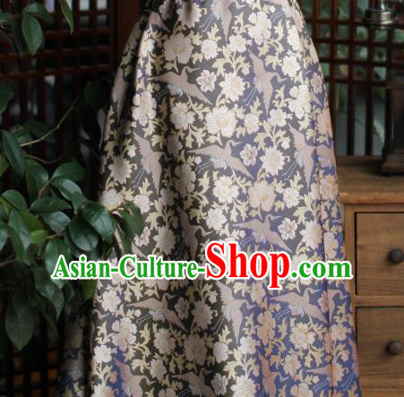 Chinese Blue Satin Cloth Traditional Cheongsam Jacquard Drapery Silk Fabric Classical Crane Peony Pattern Brocade