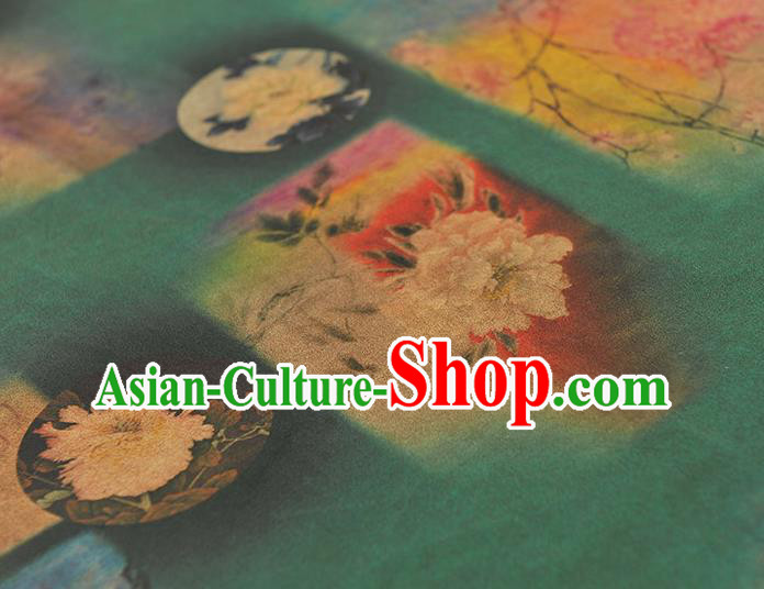 Chinese Cheongsam Green Silk Cloth Gambiered Guangdong Gauze Traditional Peony Pattern Dress Fabric