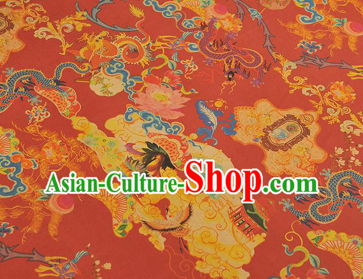 Chinese Traditional Dragon Lotus Pattern Dress Fabric Cheongsam Silk Cloth Red Gambiered Guangdong Gauze