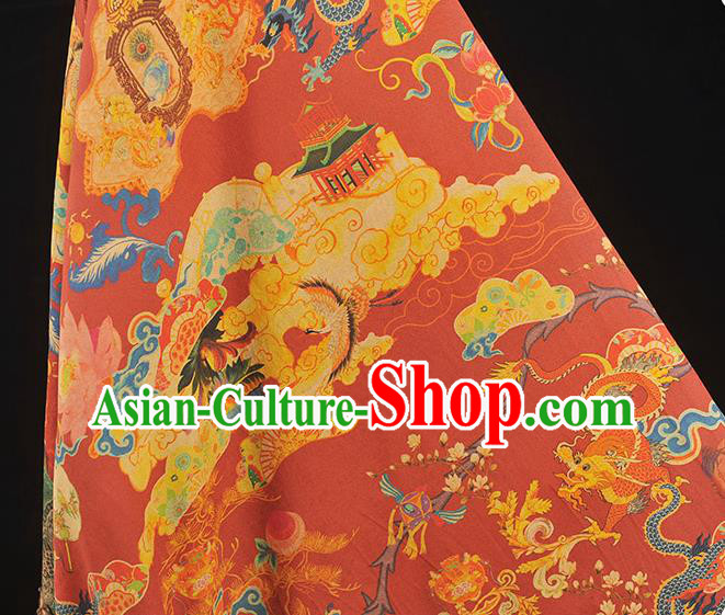 Chinese Traditional Dragon Lotus Pattern Dress Fabric Cheongsam Silk Cloth Red Gambiered Guangdong Gauze