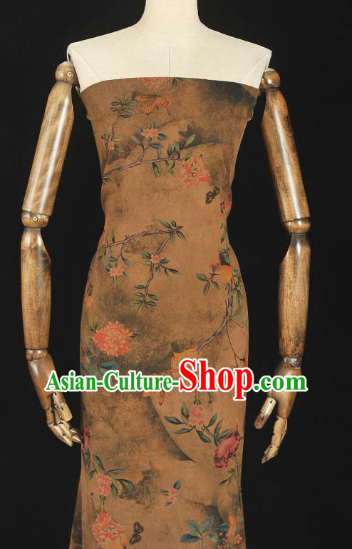 Chinese Khaki Gambiered Guangdong Gauze Traditional Flowers Pattern Dress Fabric Cheongsam Silk Cloth