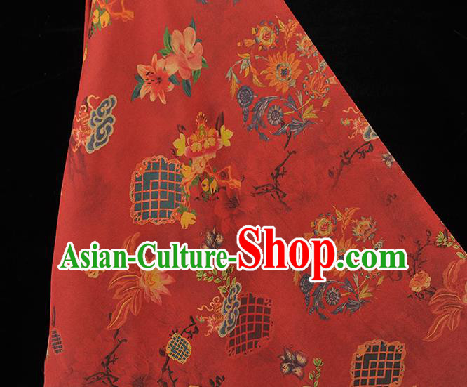 Chinese Traditional Lotus Flowers Pattern Dress Fabric Cheongsam Silk Cloth Red Gambiered Guangdong Gauze