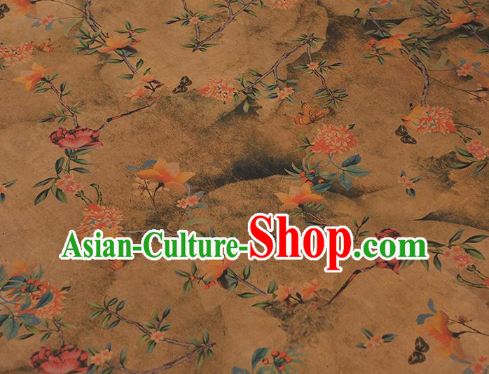Chinese Khaki Gambiered Guangdong Gauze Traditional Flowers Pattern Dress Fabric Cheongsam Silk Cloth