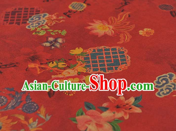 Chinese Traditional Lotus Flowers Pattern Dress Fabric Cheongsam Silk Cloth Red Gambiered Guangdong Gauze