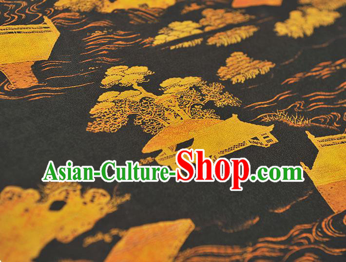 Chinese Cheongsam Silk Cloth Black Gambiered Guangdong Gauze Traditional Landscape Pattern Dress Fabric