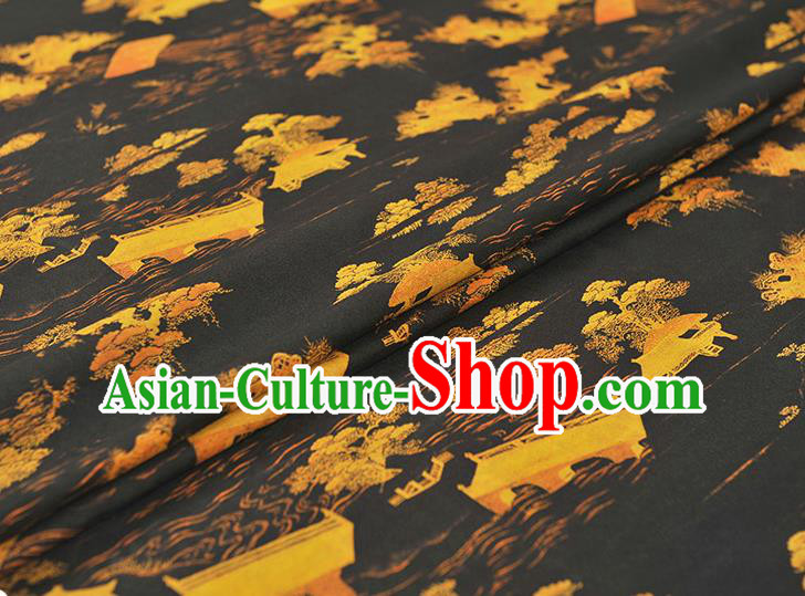 Chinese Cheongsam Silk Cloth Black Gambiered Guangdong Gauze Traditional Landscape Pattern Dress Fabric