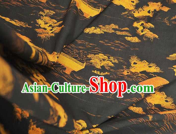 Chinese Cheongsam Silk Cloth Black Gambiered Guangdong Gauze Traditional Landscape Pattern Dress Fabric