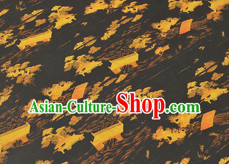 Chinese Cheongsam Silk Cloth Black Gambiered Guangdong Gauze Traditional Landscape Pattern Dress Fabric