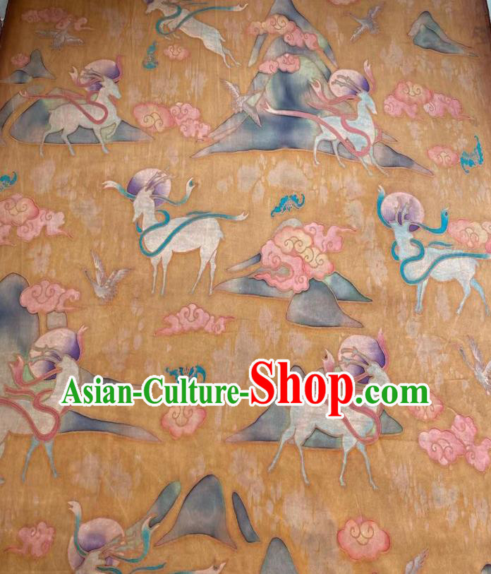 Chinese Yellow Silk Fabric Classical Brocade Cloth Hand Painting Nine Color Deer Gambiered Guangdong Gauze Traditional Cheongsam Drapery