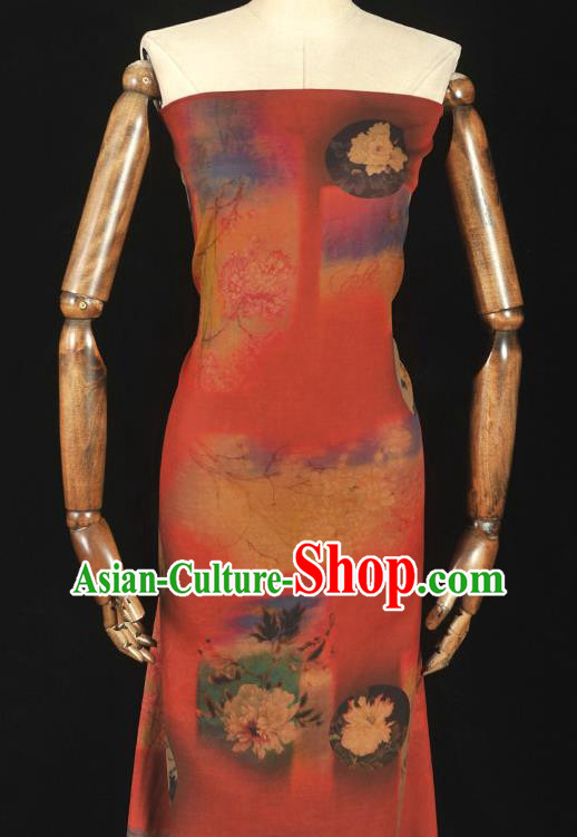 Chinese Cheongsam Silk Cloth High Quality Red Gambiered Guangdong Gauze Traditional Peony Pattern Dress Fabric