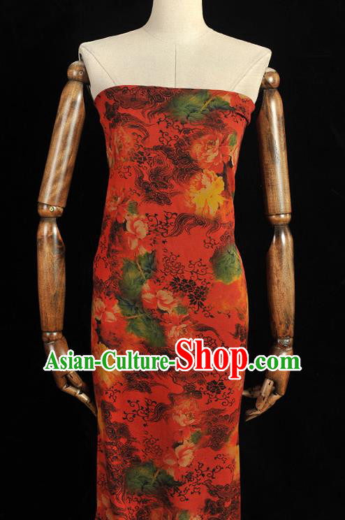 Chinese Red Gambiered Guangdong Gauze Traditional Peony Flowers Pattern Dress Fabric Cheongsam Silk Cloth