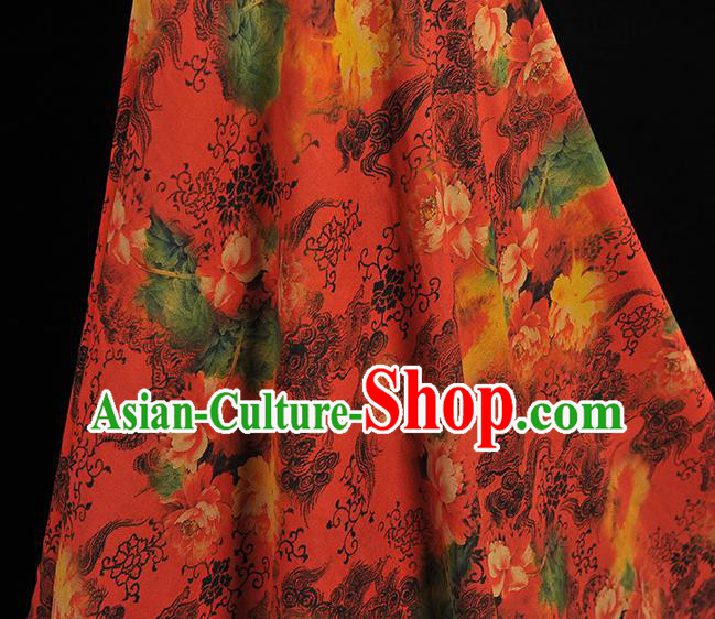 Chinese Red Gambiered Guangdong Gauze Traditional Peony Flowers Pattern Dress Fabric Cheongsam Silk Cloth