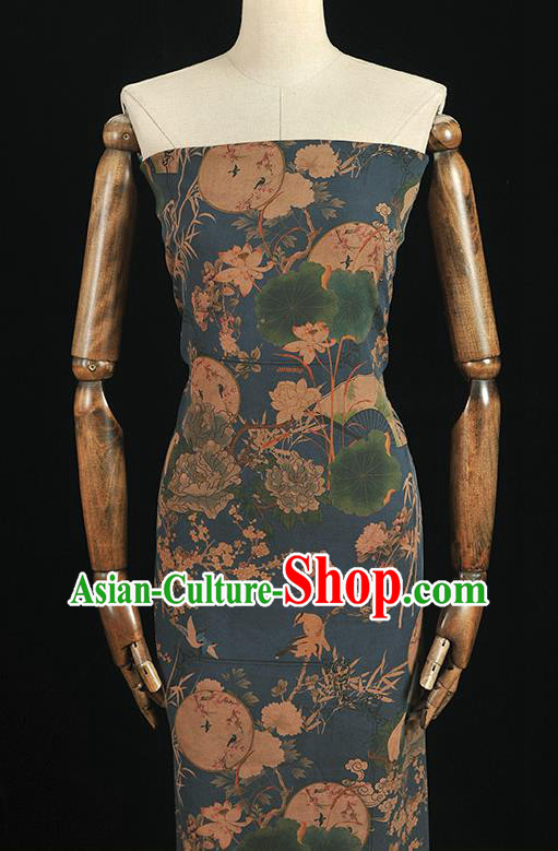 Chinese Cheongsam Silk Cloth Top Blue Gambiered Guangdong Gauze Traditional Peony Fan Pattern Dress Fabric