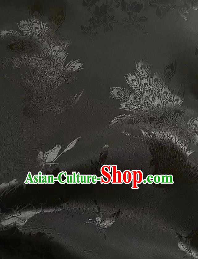 Top Chinese Classical Jacquard Satin Cloth Traditional Peacock Pattern Black Brocade Drapery Cheongsam Silk Fabric