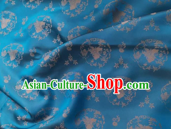 Chinese Blue Silk Fabric Classical Peach Pattern Brocade Cloth Tapestry Material Traditional Qipao Dress Damask Drapery