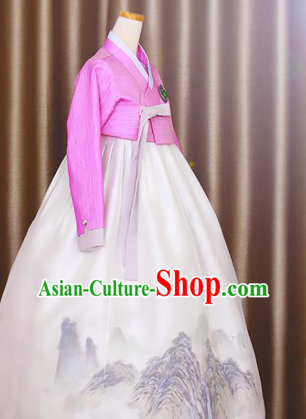 Asian Korea Bride Rosy Blouse and Printing Dress Traditional Fashion Garments Korean Court Princess Hanbok Clothing
