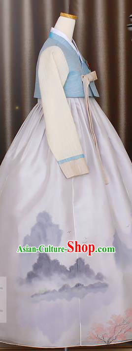 Asian Korean Traditional Fashion Garments Court Princess Hanbok Clothing Korea Bride Blue Blouse and Printing Dress