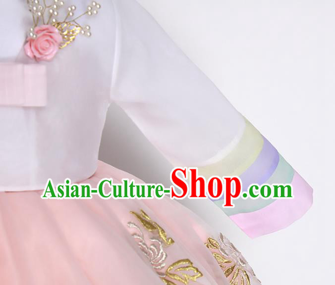 Traditional Korean Hanbok Clothing Children Girl White Blouse and Pink Dress Fashion Apparels