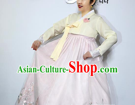 Korean Bride Mother Yellow Blouse and Pink Dress Asian Korea Traditional Fashion Garments Court Dance Hanbok Clothing