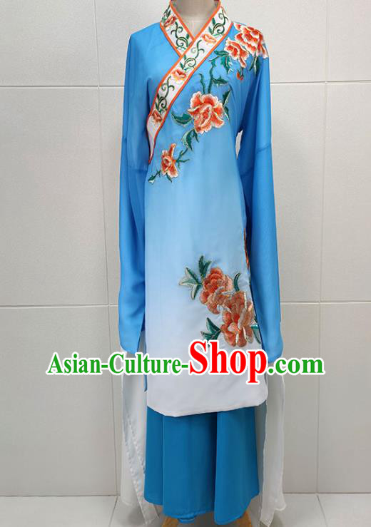 Chinese Beijing Opera Young Woman Water Sleeve Clothing Traditional Shaoxing Opera Hua Tan Blue Dress Garments