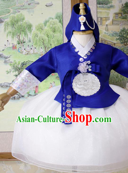 Traditional Korean Court Fashion Apparels Baby Princess Hanbok Clothing Children Girl Royalblue Blouse and White Dress and Headwear