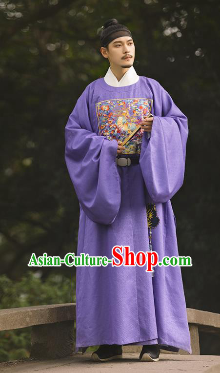 China Traditional Ming Dynasty Historical Clothing Ancient Scholar Hanfu Garment Embroidered Purple Official Robe for Men