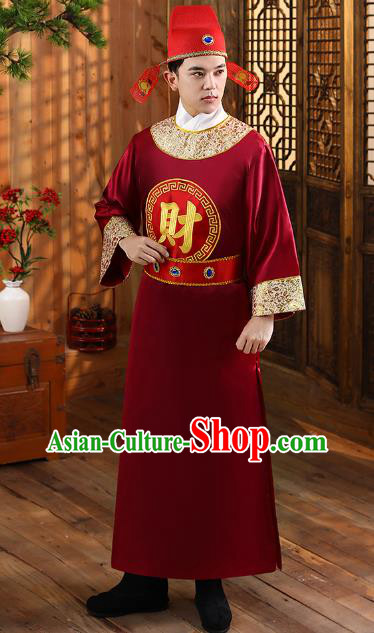 Chinese Ancient God of Wealth Clothing Traditional Cosplay Garment Wine Red Official Robe and Hat