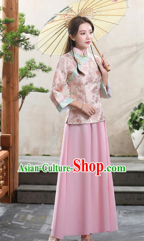 Republic of China Young Woman Clothing Traditional Tang Suit Pink Blouse and Skirt