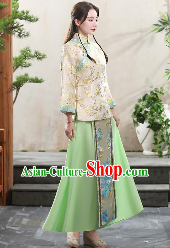 Republic of China Young Woman Beige Blouse and Green Skirt Clothing Traditional Tang Suits Costume