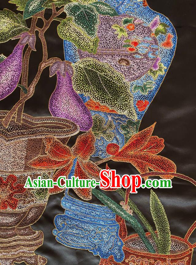 Chinese Traditional Embroidered Lotus Black Silk Cloth Hand Embroidery Applique Craft