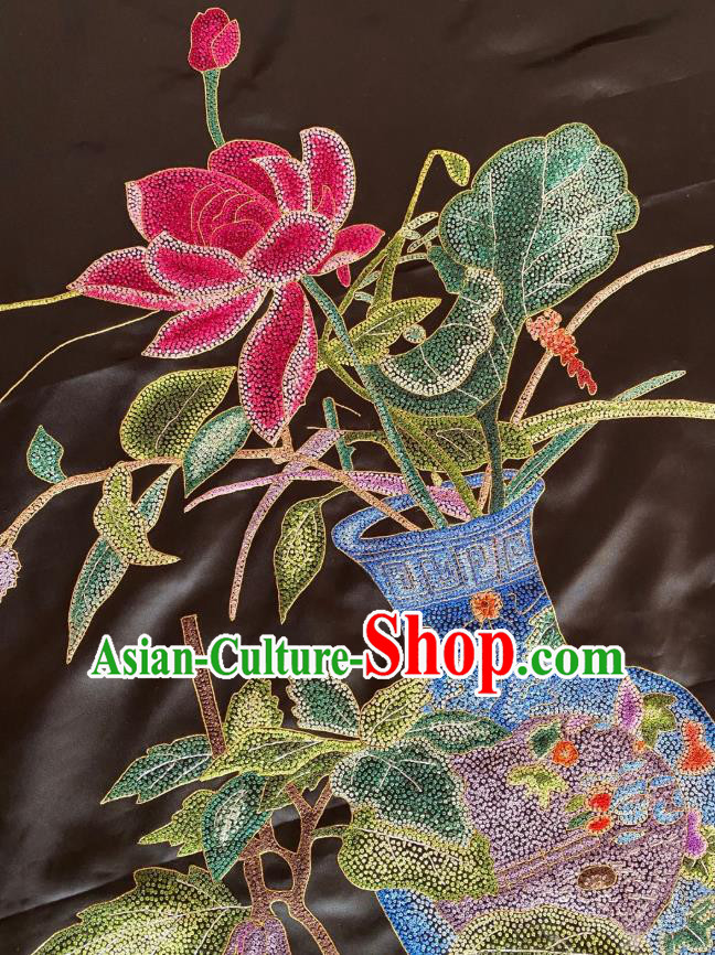 Chinese Traditional Embroidered Lotus Black Silk Cloth Hand Embroidery Applique Craft