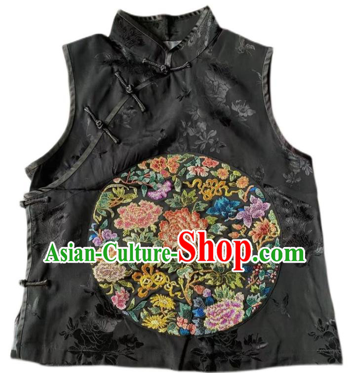 China Tang Suit Embroidered Vest National Upper Outer Garment Traditional Black Silk Waistcoat Clothing