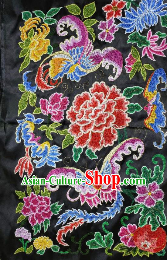 Chinese Traditional Embroidered Black Silk Cloth Hand Embroidery Butterfly Peony Applique Craft