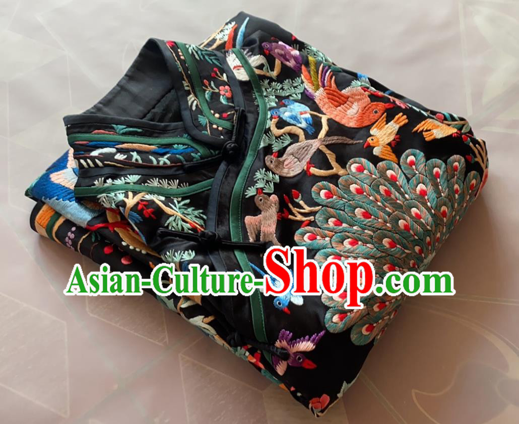 China Tang Suit Garment Traditional Black Silk Cheongsam National Embroidered Peacock Qipao Dress
