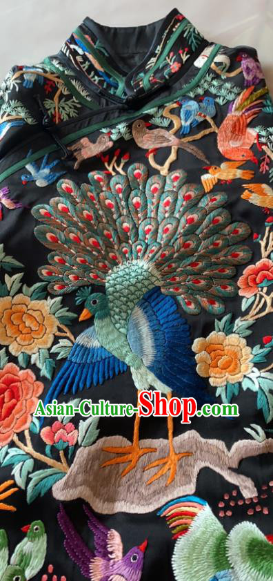 China Tang Suit Garment Traditional Black Silk Cheongsam National Embroidered Peacock Qipao Dress