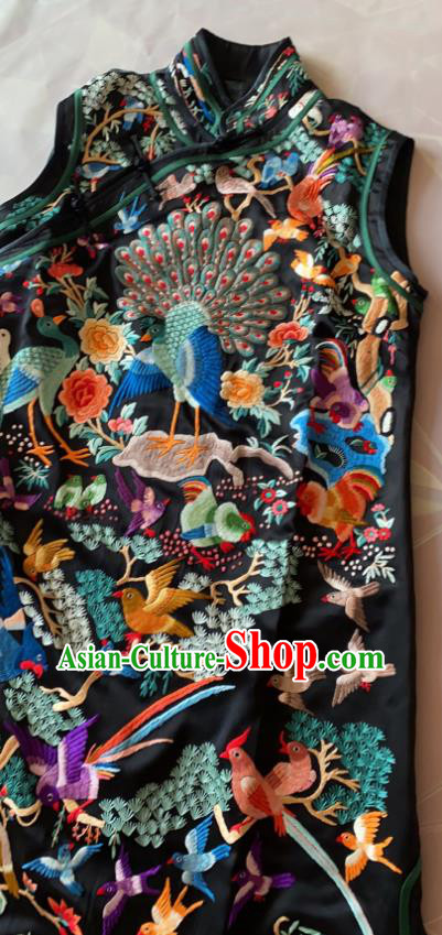 China Tang Suit Garment Traditional Black Silk Cheongsam National Embroidered Peacock Qipao Dress