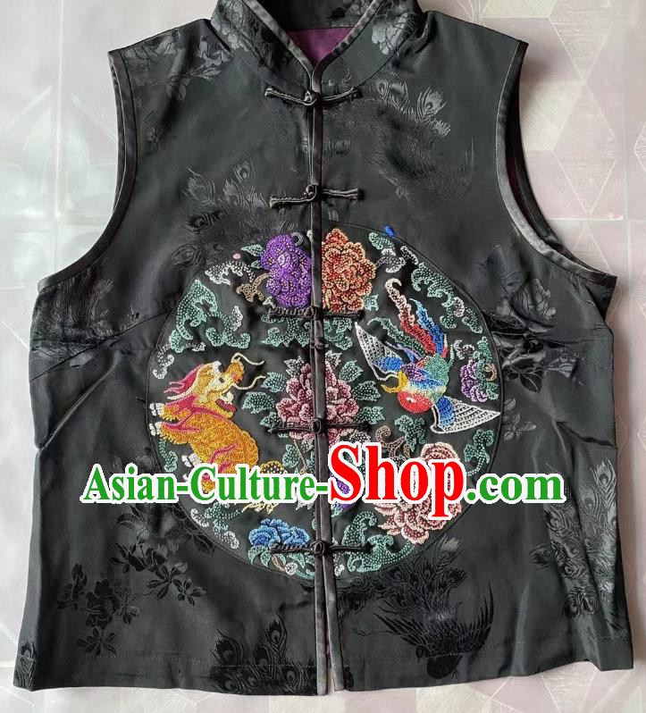 China National Upper Outer Garment Traditional Black Silk Waistcoat Clothing Tang Suit Embroidered Dragon Phoenix Vest