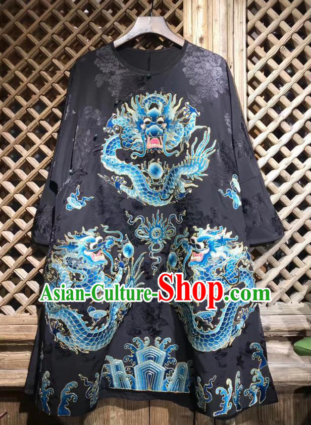 China National Embroidered Dragon Jacket Tang Suit Top Garment Traditional Black Silk Coat