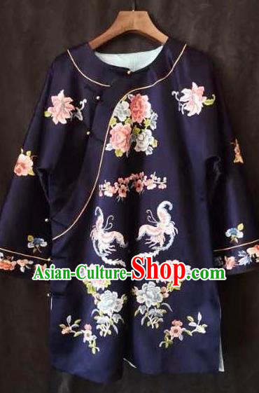 China Traditional Navy Silk Coat National Embroidered Butterfly Peony Jacket Tang Suit Top Garment