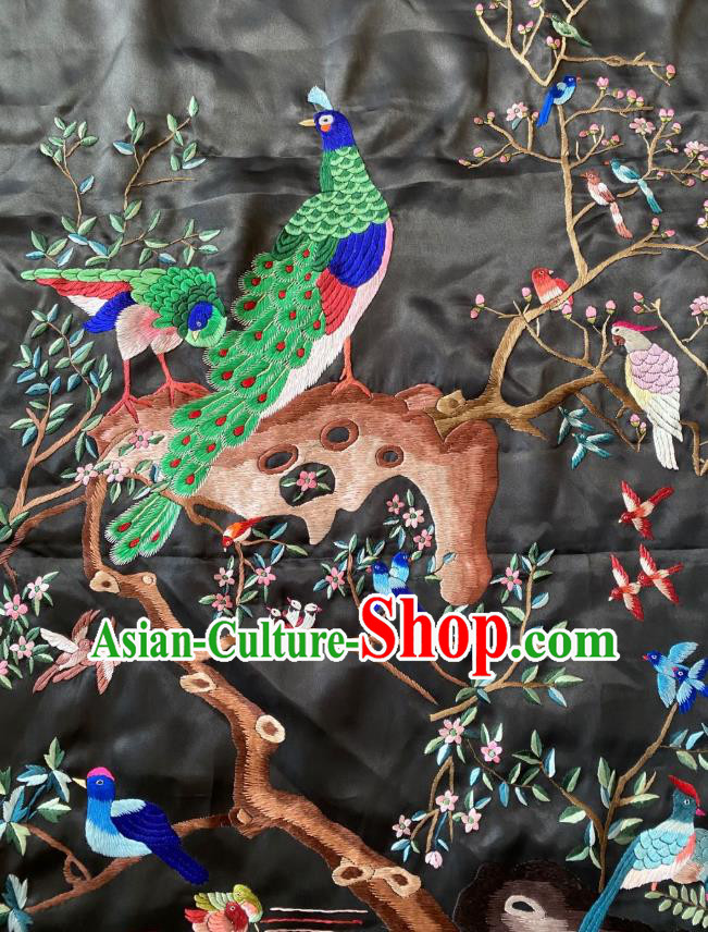 Chinese Traditional Embroidered Peacock Black Silk Cloth Hand Embroidery Applique Craft