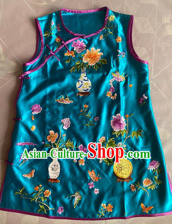 China Tang Suit Upper Outer Garment Traditional Blue Silk Waistcoat National Embroidered Flowers Vest
