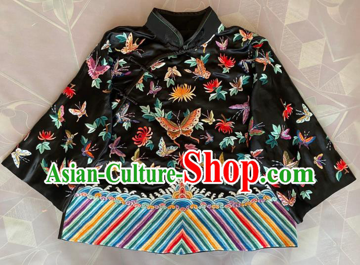 China Traditional Black Silk Coat National Embroidered Flowers Butterfly Jacket Tang Suit Outer Garment