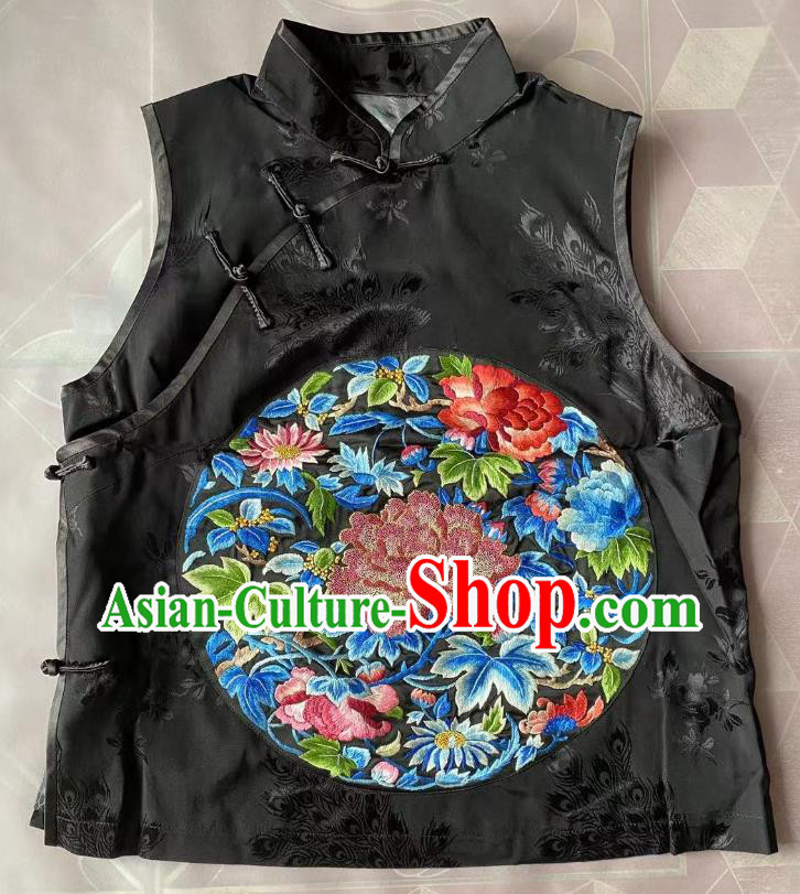 China Traditional Black Silk Waistcoat Clothing Tang Suit Embroidered Peony Vest National Upper Outer Garment