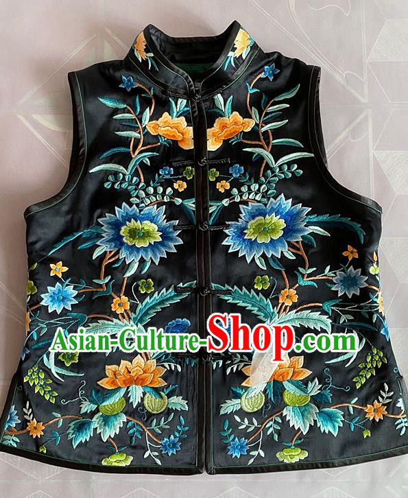 China Tang Suit Upper Outer Garment Traditional Black Silk Vest National Embroidered Flowers Waistcoat