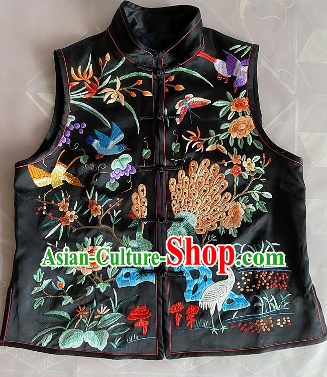 China National Embroidered Peacock Waistcoat Tang Suit Upper Outer Garment Traditional Black Silk Vest