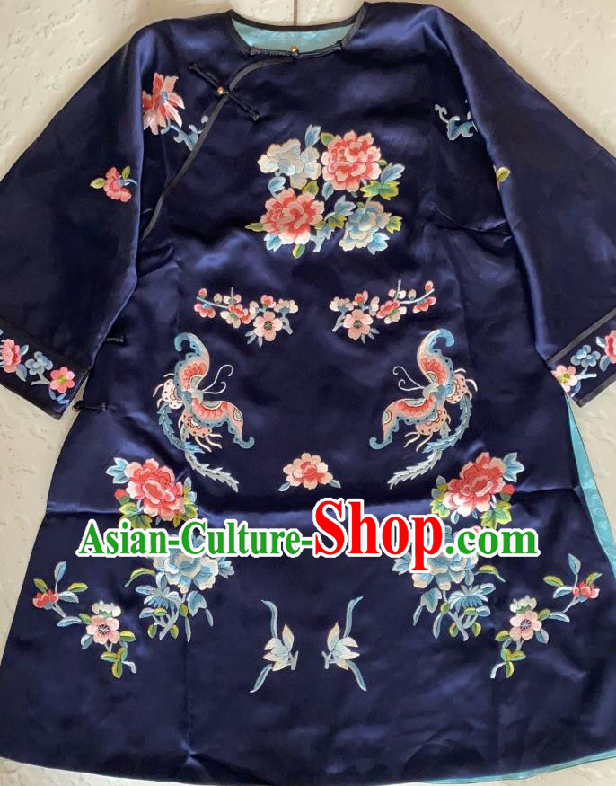 China Traditional Navy Silk Coat National Embroidered Butterfly Peony Jacket Tang Suit Outer Garment